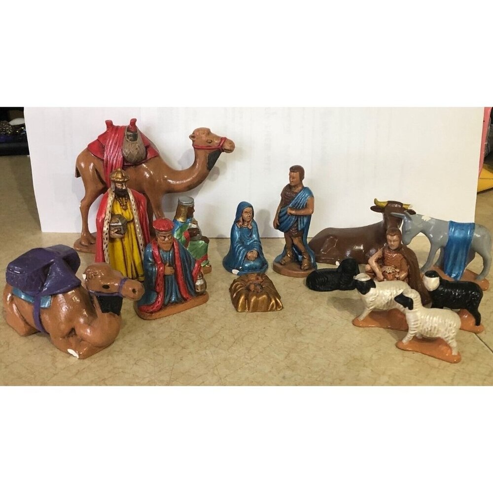 Vintage plaster Nativity Set Figures Lot Small Miniature Painted
